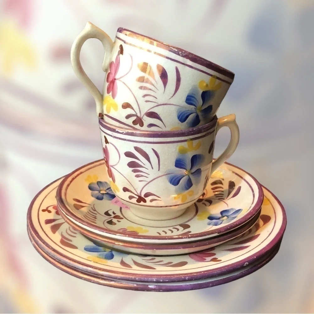 Antique Japan Lusterware Pink Teacups Saucers Set
